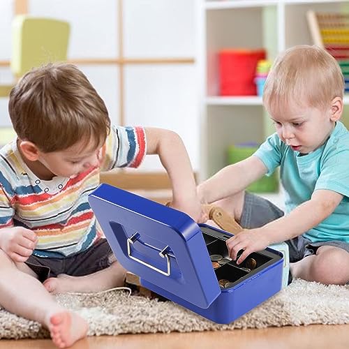 Sgorlds Medium Locking Cash Box with Removable Coin Tray,Portable Safe Metal Money Box with Key Lock,Petty Small Money Organizer for Cash with Double Layer & 2 Keys, 7.87\"x 6.30\"x 3.54\", Blue