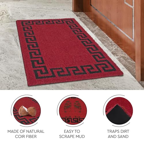 Image of Encasa XO Coir Door Mat for Home Entrance, Anti Slip PVC Back Greek Key Red