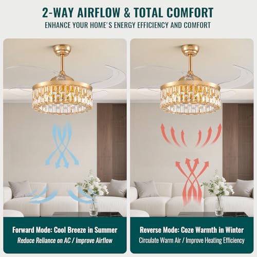 Image of Siljoy 48'' Modern Gold Caged Crystal Ceiling Fan with Lights and Remote