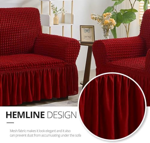 Image of Bails Sofa Cover 5 Seater Fully Covered | Sofa Cover l Shape 7 Seater Fully Covered | Sofa Cover 5 Seater Set | Elastic Bubble Fabric with Frill Sofa Protector Cover (Red, 5 Seater (3+1+1))