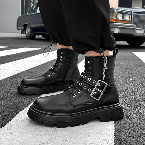 Image of Men's Black Leather Platform Ankle Boots Lace up Side Zip Adjustable Buckle Lug sole Non-Slip Combat Booties Fashion Punk Motorcycle Boots