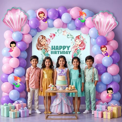Image of Party Propz Happy Birthday Decoration Kit for Girls - 47 Pcs,Birthday Decorations for Girls with Shell Foil Balloons, Birthday Backdrop for Decoration, Mermaid Theme Decor for Baby (Cardstock,Latex)