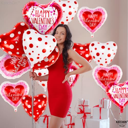 Image of KatchOn, Happy Valentine's Day Balloons Set - 12 Pack, Red, White & Pink Heart Shaped Foil Balloons, 18 Inch, Valentines Day Decorations