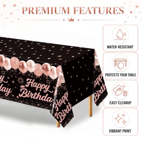 Image of 6 Pack Black and Rose Gold Happy Birthday Tablecloths, 54 x 108 Inch Covers | Rose Gold Birthday Party Decorations for Women, Girls and Teens, Ideal for Cake, Dessert, Gift and Buffet Tables