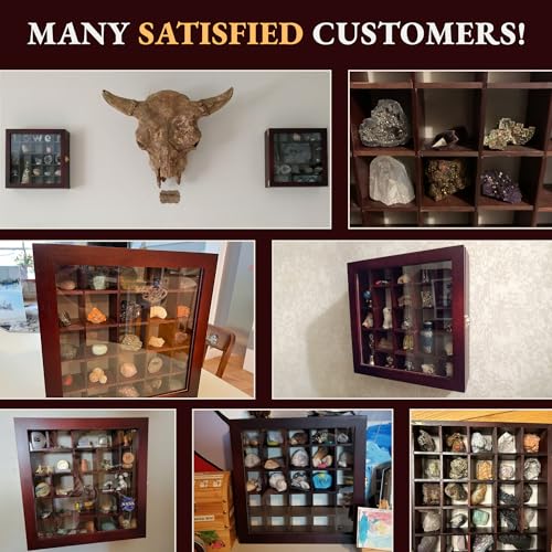 Image of Adjustable Rock Display Case - Rock Collection Box with Fabric Bed for Mineral Display - Dark-Finish Shadow Box with Shelves for Crystal Storage - Display Cases for Collectibles (Large)