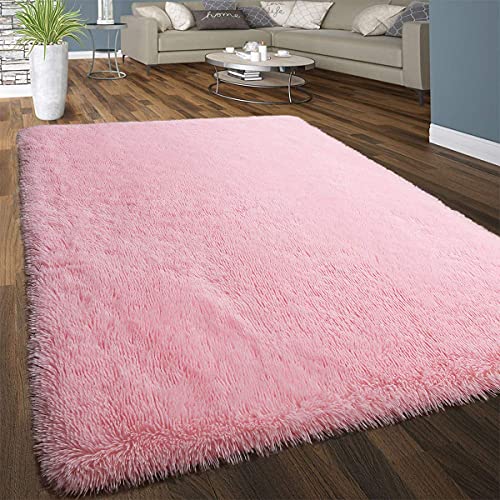 Image of AROMICK Modern Polyester Anti Slip Shaggy Fluffy Rug and Carpet for Living Room, Bedroom & Dining Room (4 x 6 Feet, Pink)
