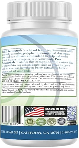 Miniatura 4 de PURE Resveratrol Plus 605 mg con complejo de polifenoles 725 mg, vitamina C 120 mg, 60 cápsulas vegetarianas, 30 porciones. Trans-resveratrol,