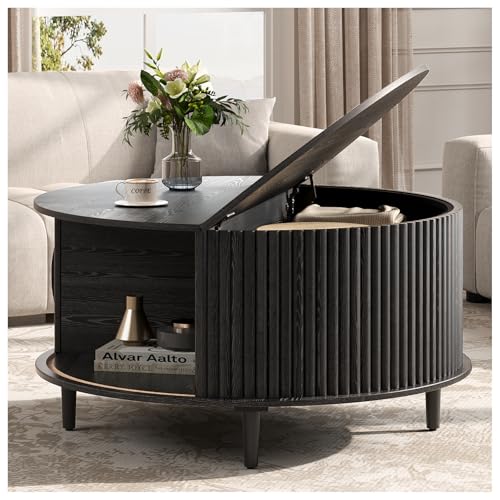 JOINICE,Black Round Coffee Table with Storage, 31.5' Fluted Center Table with Sliding Door, Modern Circle Drum Accent Table for Living Room, Sleek Wood Furniture for Small Spaces & Apartments