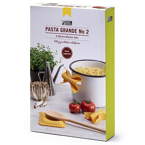 Monkey Business Pasta Shaped Silicone Kitchen Tools in a Gift Box / 2 of Our Big Pasta Shaped Kitchen Gadgets/Farfalloni Shaped Pot Grips, and Ravioli-Shaped Spoon Rest/Pasta Grande No. 2