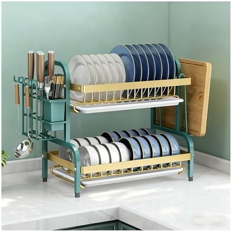 Dish Drying Rack, 2 Tier Space-Saving Dish Rack, Detachable Large Capacity Dish Drainer Organizer with Drain Tray, Utensil, Cup Holder Rustproof Carbon Steel(Black-2 Tier,L)