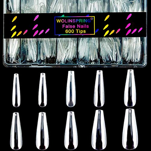 WOLINSPRING 600pcs No-Crease Clear Long Coffin Ballerina Fake Nails Tips Kit Gift Box Artificial Full Cover Shaped Press on Acrylic False Nails Tips with Case for Nail Salons and DIY Nail Art (NA-624)