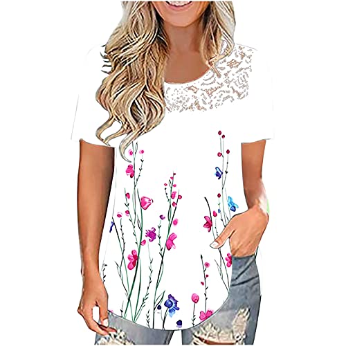 Summer Women Floral Tshirt Tops Trendy Sexy Loose Fit Crewneck Tunic Short Sleeve Casual Comfy Soft Peplum Blouses Tees