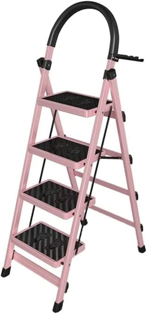 Step Ladder 4 Step Ladder Folding Ladder Telescopic Ladder with Wide Pedal Portable Ladder for Indoor Outdoor Folding Ladder Telescopic Ladder(Color:Roze)