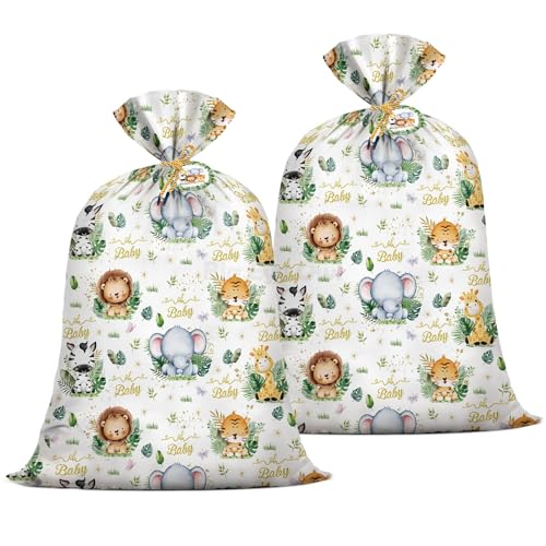 2Pcs Extra Large Baby Shower Plastic Gift Bags 70"x 40" Jumbo Safari Jungle Animals Present Bag XXL Big Gift Wrapping Bags Oversized Reusable Baby Gender Reveal Birthday Party Favors Goody Bags