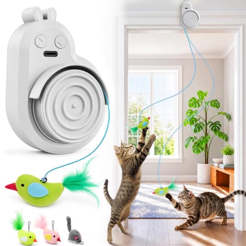 Image of Interactive Cat Toys for Indoor Cats - Automatic Flying Bird Feather & Mouse Wand Enrichment Toy, Hands-Free or Handheld USB-Rechargeable Safe Play Chase Exercise for Bored Kittens and Adult Cats | Catpick toy Hanging Feather & Mouse Wand Toy for Exercise & Self-play, Ideal for Bored Kitten&Adult Cat, Rechargeable, Grey