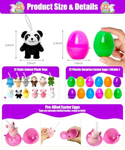 Halystar 12 Pcs Pre Filled Easter Eggs with Mini Plush Toys, 2.8" Upright Shaped Stuffed Animals Keychain in Surprise Plastic Eggs, Ready to Hide Easter Basket Stuffers Party Favors for Kids — view 2