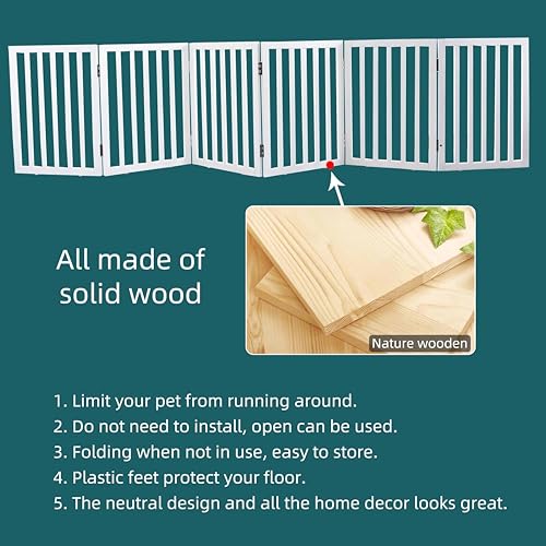 Image of Belief Foldable Wooden Pet Gate for Dogs & Cats - Indoor Safety Barrier for Doorways, Hallways & Stairs | Free-Standing, Portable White Dog Fence - 3 Panel, 60 cm Height (【6 Panels 】 120''W x 30''H)