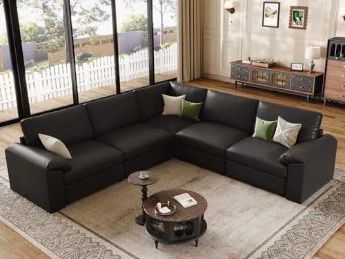 Image of EASE MOOSE Oversized Corner Modular Sectional Sofa, Faux Leather Sectional Sofa with Deep Seat, Vintage Scratch Resistant Faux Leather Material, Extra Large L Shaped Couch,Black