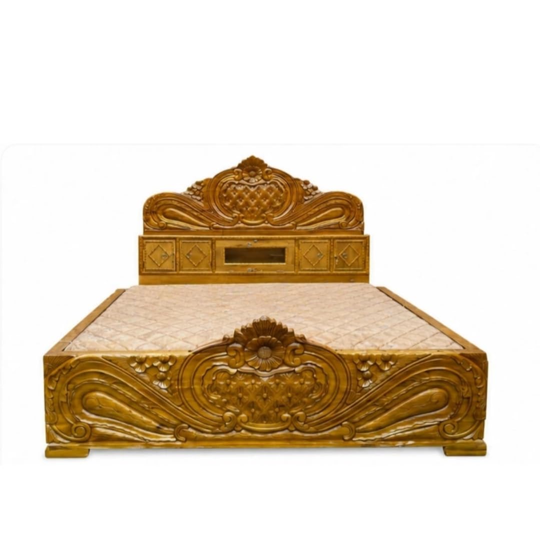 Model Art Furniture Solid Wood King Size Box Bed | Hand-Carved Design, Floral Motifs, Ornate Headboard, Storage Box Base, Traditional Style-image-1