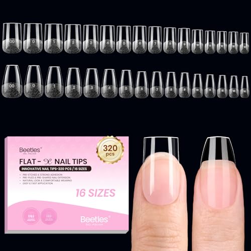 Beetles Gel Nail Tips Flat-X - Square Coffin Short, 320pcs 16 Sizes, Pre-Etched Half Matte Full Cover Soft Acrylic False Nail Tips Easy DIY Press on Nail Extension Salon for Flat & Natural Nail Beds