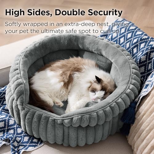 Image of Bedsure Cat Bed Washable Puppy Bed - 58x58cm Corduroy Fleece Large Round Cat Beds for Indoor Cats, Pet Bed with Non-Slip Bottom and Removable Reversible Cushion, Grey