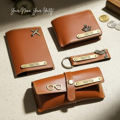 Image of Personalized Name & Charm Leather Wallet Mens Combo | Customized Birthday Farewell Retirement Combo Corporate Office Gift Set for Men Staff Employees Clients Colleagues Friend (Brown)