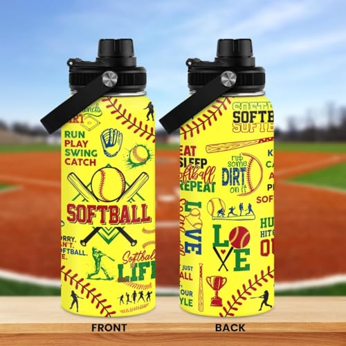 Image of Softball Gift Water Bottle With Lid, 32oz Insulated Stainless Steel Sport Bottles - Softball Players Fan Coach