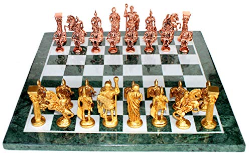 StonKraft - 15" x 15" Collectible Green Marble Chess Board Game Set + Brass Roman Pieces