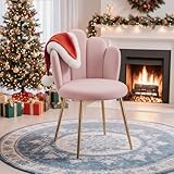 BOWTHY Vanity Chair for Makeup Room - Midcentury Modern Accent Velvet Chair with Back Support, Gold Legs for Living Room Bedroom (Pink)
