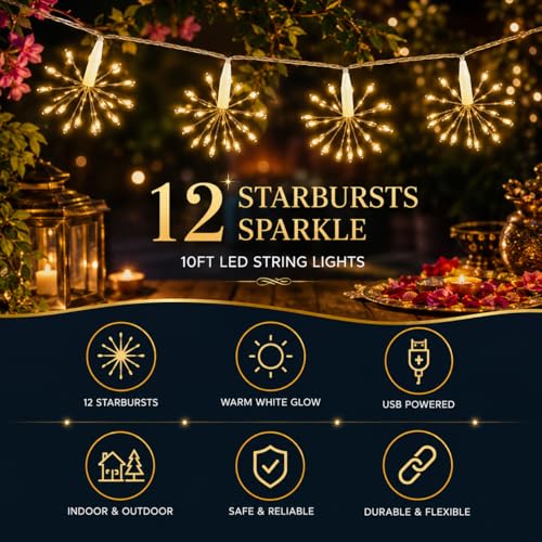 Image of One94Store 12 Starburst Sparkle LED String Lights, USB Powered Warm White Decorative Fairy Lights for Diwali, Christmas, Wedding, Party, Bedroom, Balcony, Patio & Home Decor