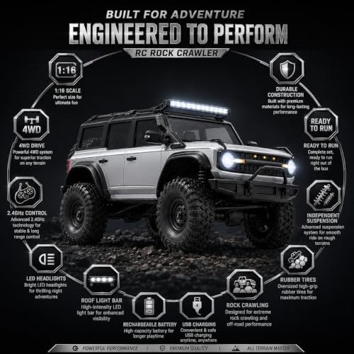 Image of 1:16 Scale 4WD RC Rock Crawler Car for Kids & Adults, 2.4GHz Remote Control Off Road Climbing SUV with LED Lights, Rechargeable Battery, USB Charging, All Terrain Monster Truck(Multicolor)