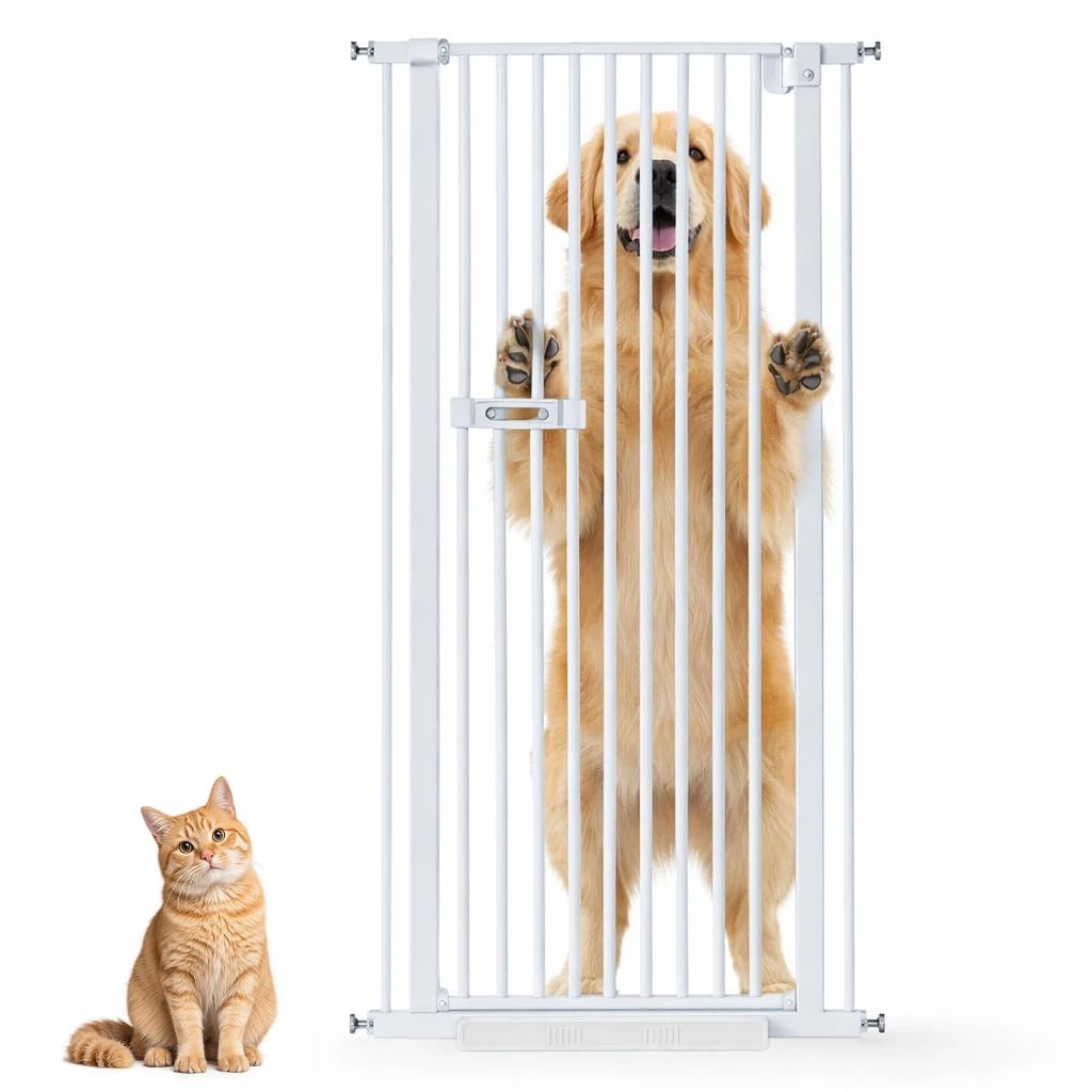 150cm Extra Tall Pet Gate, Adjustable Width 76-106cm Wide Pressure Mounted Cat Dog Fence with 2 Extension Kits, Lockable Small Door, Used Indoor Safety Barrier to Restrict Access to Pets and Bbies