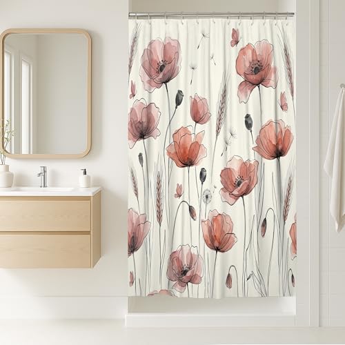 Mohnblumen-Duschvorhang, Aquarellfarben, Weizen, Schmetterling, Pfirsichfarben, Polyester, wasserdicht, Toilettenstoff, Duschvorhänge, Dekoration für Badezimmer, Gästezimmer, 91,4 x 183,9 cm