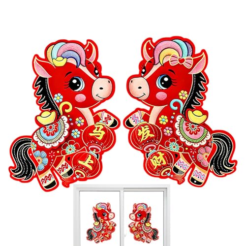 Pegatina de caballo de año nuevo chino | Calcomanía 3D terciopelo 2 piezas para puerta | Decoración de pared para de primavera casa, pared, armario, sala de estar, dormitorio, oficina
