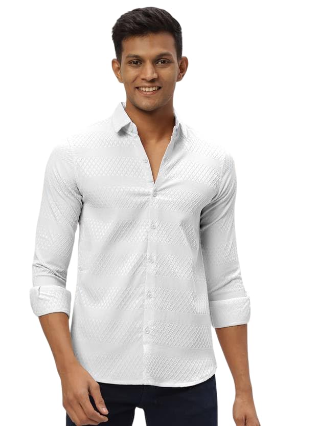 Image of Men's Polycotton Casual Textured Button Down Regular Fit Shirts Long Sleeve Shirt