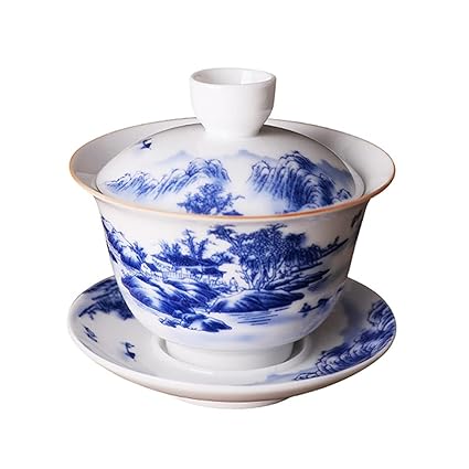 Woonsoon Jingdezhen Chinese Gaiwan Handmade 7oz/200ml Mountain Style China Blue and White Porcelain Gaiwan Kungfu Teacup Traditional Chinese Teaware Tea Set
