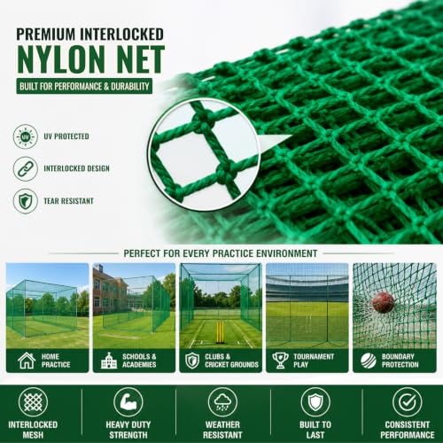 Image of ProZone UV-Protected, Interlocked Green Practice Cricket Net Without Poles and Roof, Sizes, Thread Options 1mm, 1.5mm, 2mm, 2.5mm & 3mm