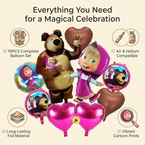 Image of Atpata Funky Forest Girl and Bear Theme Foil Balloons Pack - 10 Pcs | Birthday Party Decorations for Girls | Heart & Round Balloons for Kids Cartoon Party, Jungle Theme Decor
