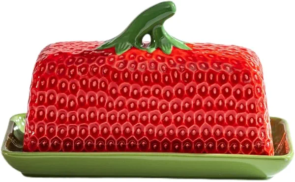 CWFutwell Strawberry Butter Dish with Lid, Ceramic Unique ButterDish, Large Kitchen Strawberry Butter Holder, Serving Tray with Cover, Butter Storage Container, Holds 1 Stick (Red, Large)