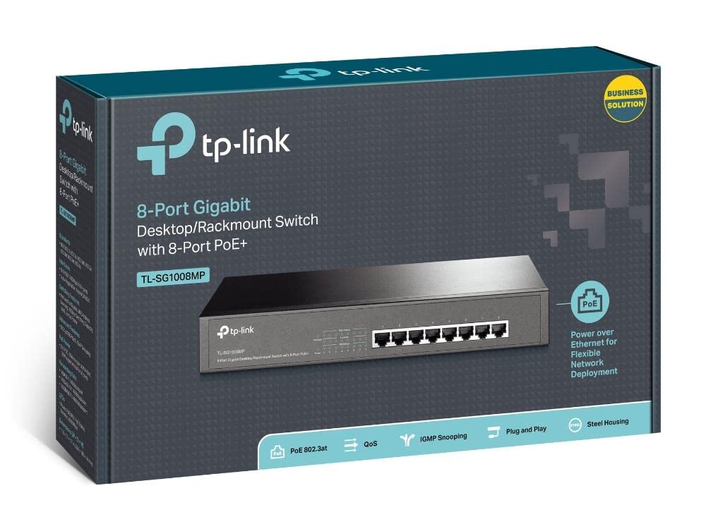 TP-Link PoE Switch 8-Port Gigabit, 8 802.3af/at PoE+ Ports up to 30 W for Each PoE Port and 153 W for All PoE Ports, Metal Casing, 13 inch RackMount/Desktop(TL-SG1008MP)