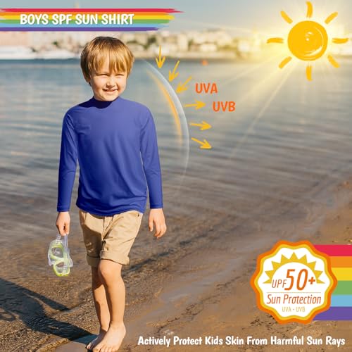 Image of Boys Rash Guard Long Sleeve UPF 50+ Sun Protection Swim Shirt Rashguard Fishing Surf Quick Dry Cool Beach Shirtfor Youth Kids Klein Blue Size 10-12