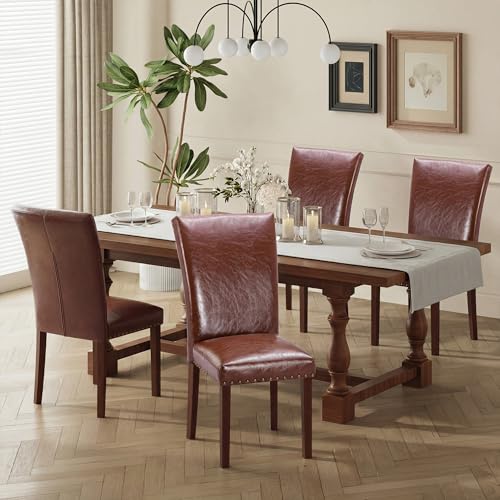 Image of COLAMY Upholstered Parsons Dining Chairs Set of 4, PU Leather Dining Room Kitchen Side Chair with Nailhead Trim and Wood Legs - Light Brown