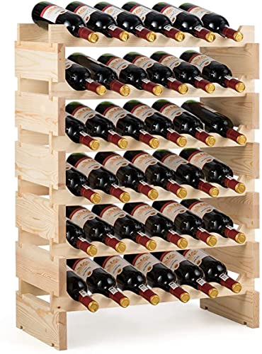 GOPLUS Casier à Bouteilles pour 36 Bouteilles, Range Bouteille Vin avec 6 Étagères, Porte Bouteille en Pin Massif, Grand Espace Superposable, pour Bars, sous-sols, 63 x 28 x 85CM, Naturel