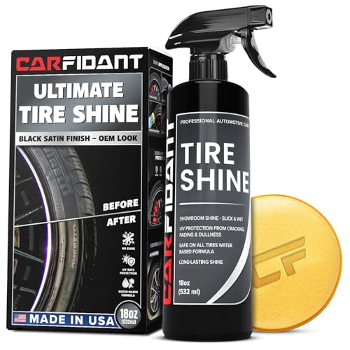 Carfidant Tire Shine Spray - Black Satin Finish - Premium Car Tire Dressing - 18 fl. Oz. Kit with Applicator Pad - Long Lasting - No Sling No Grease Formula with UV Protection