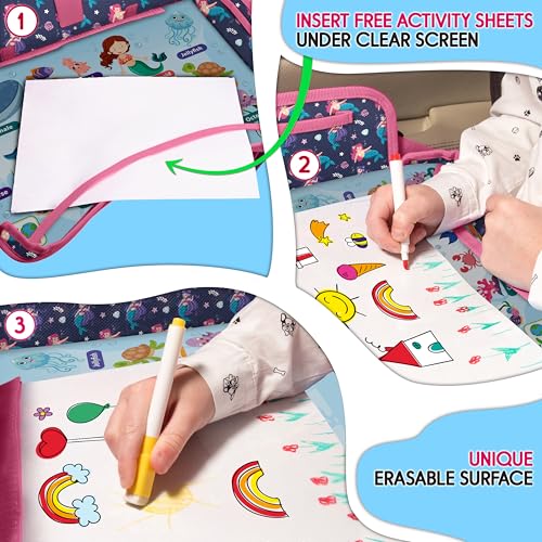 Image of Kids Travel Tray - Waterproof Lap Table with No-Drop Large Tablet Holder - Car Seat Tray - Road Trip Essentials Kids - Car Desk Organizer for Airplane - Toddler Travel Essentials(MERMAID)