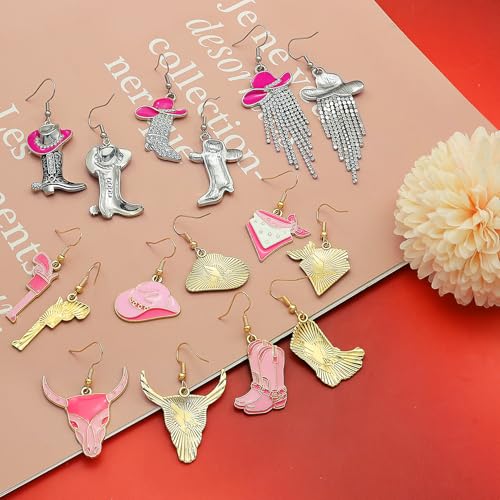 8 Pairs Cowgirl Western Country Concert Earrings Rhinestone Enamel Rodeo Cowboy Boot Earrings Tassel Cowboy Hat Dangle Earrings for Women Trendy3