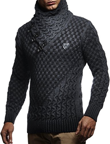 Leif Nelson Men’s Knitted Pullover | Long-Sleeved Slim fit Shirt | Basic Sweatshirt with Shawl Collar and Faux Leather2