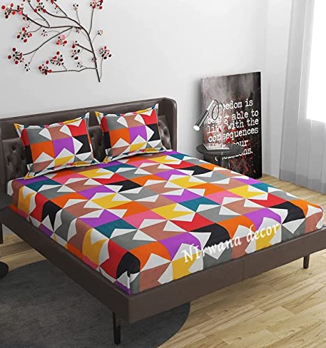 Image of Fitzy 280 TC Fitted Bedsheet King Size, Elastic Bedsheet, 72x78 + 10 Inches Drop,with 2 Pillow Covers (Al-yellowmultichecks)