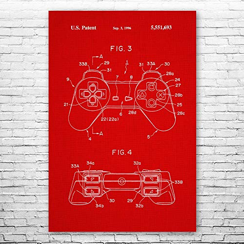 Patent Earth PS1 Controller Poster Print, PS1 Art Print, Controller Blueprint, Video Game Art, Game Designer Gift, Game Room Decor Red Fabric (5 inch x 7 inch)