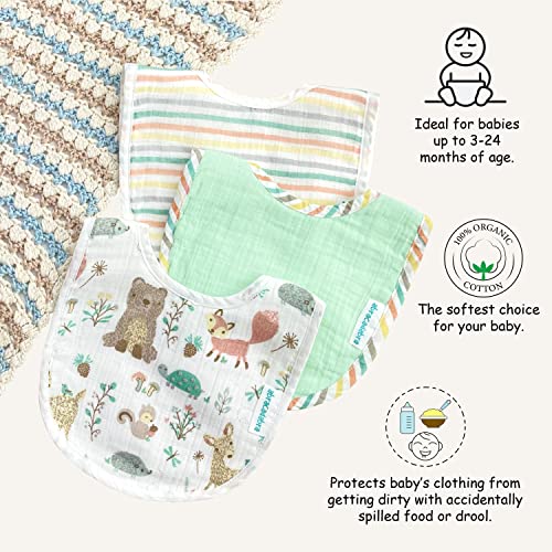 Image of abracadabra Muslin Bibs with Adjustable Snap Button Closure, Super Absorbent, Soft, Comfortable & Lightweight, Set of 3 - Bambi & Friends
